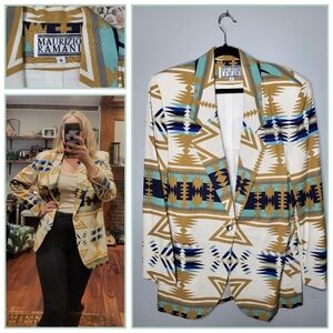 Maurizio Ramani Medium Aztec Western Blazer Linen Blend Neutral Turquoise